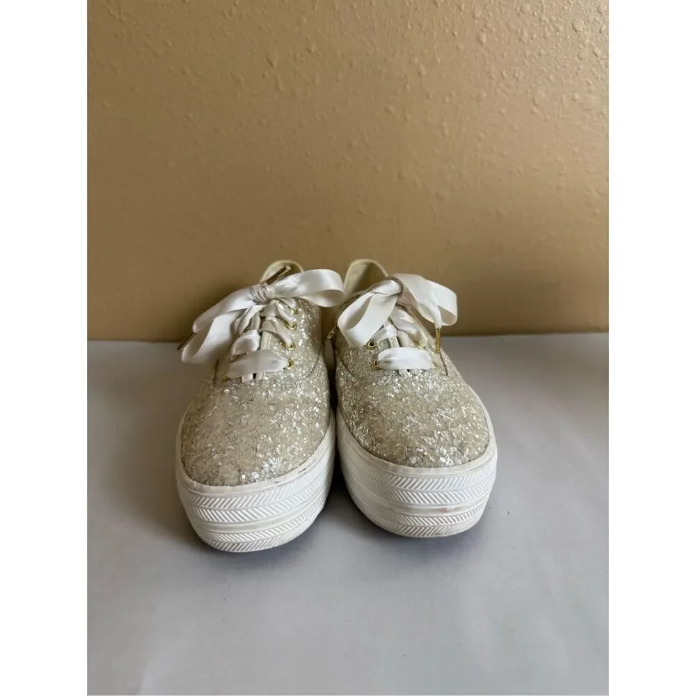Keds x Kate Spade Glitter Sneakers Cream Ribbon Lace Womens 7